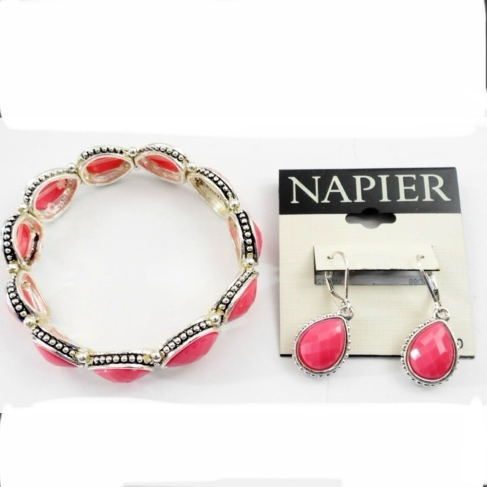 NWT‎ NAPIER BRACELET AND EARRING SET Silver Tone Pink Beaded
